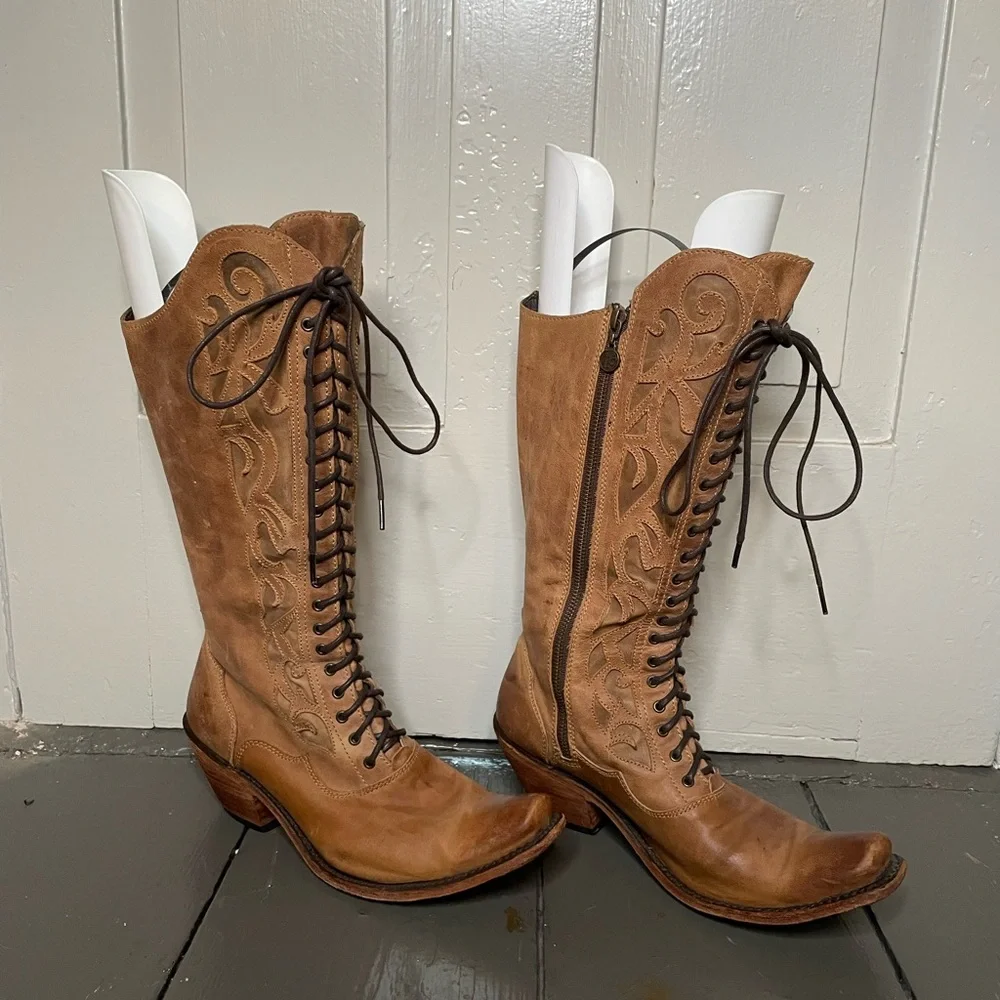 Elegant Tan Lace-Up Boots - Picture 3 of 6